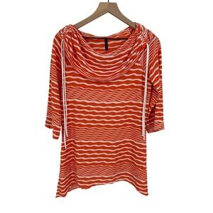 IC By‎ Connie K Top Womens S Orange White Wave Cowl Neck Shark Bite Hem Tunic